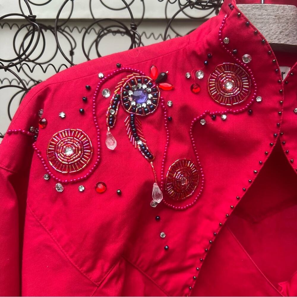 Vintage 90s Wrangler Red cape beaded sweetheart neckline western shirt M/L? - Picture 5 of 9